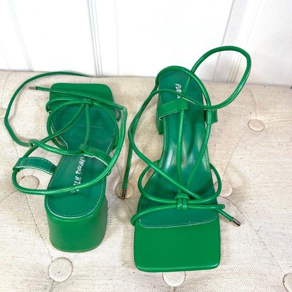 Green Lace Up Block Mid Heel Square Front Sandals 8 Wide Fit - Picture 3 of 10